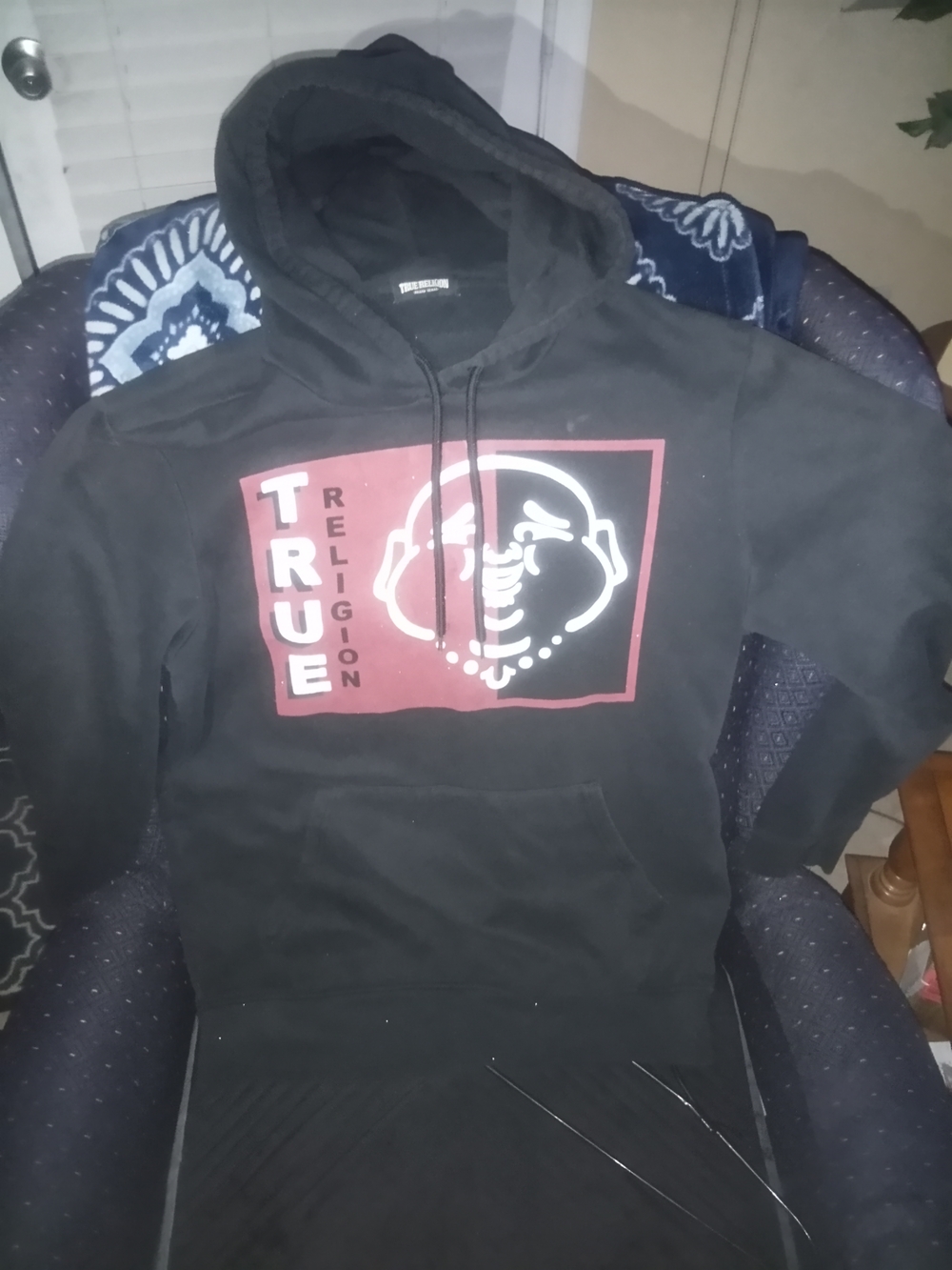 True Religion Black Hoodie with Red and White Graphic - Men's Zip-Up Style